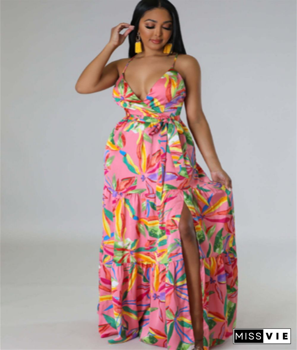 Sexy Floral Print Spaghetti Strap Backless Maxi Dress