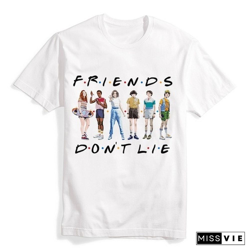 1Pcs Freind Dont Lie Six People Stand Printed T Shirt Stranger Things Letter Print Plus Size T Shirt White Short Sleeve Friends Dont Lie Printing Tees Feme Summe Tops