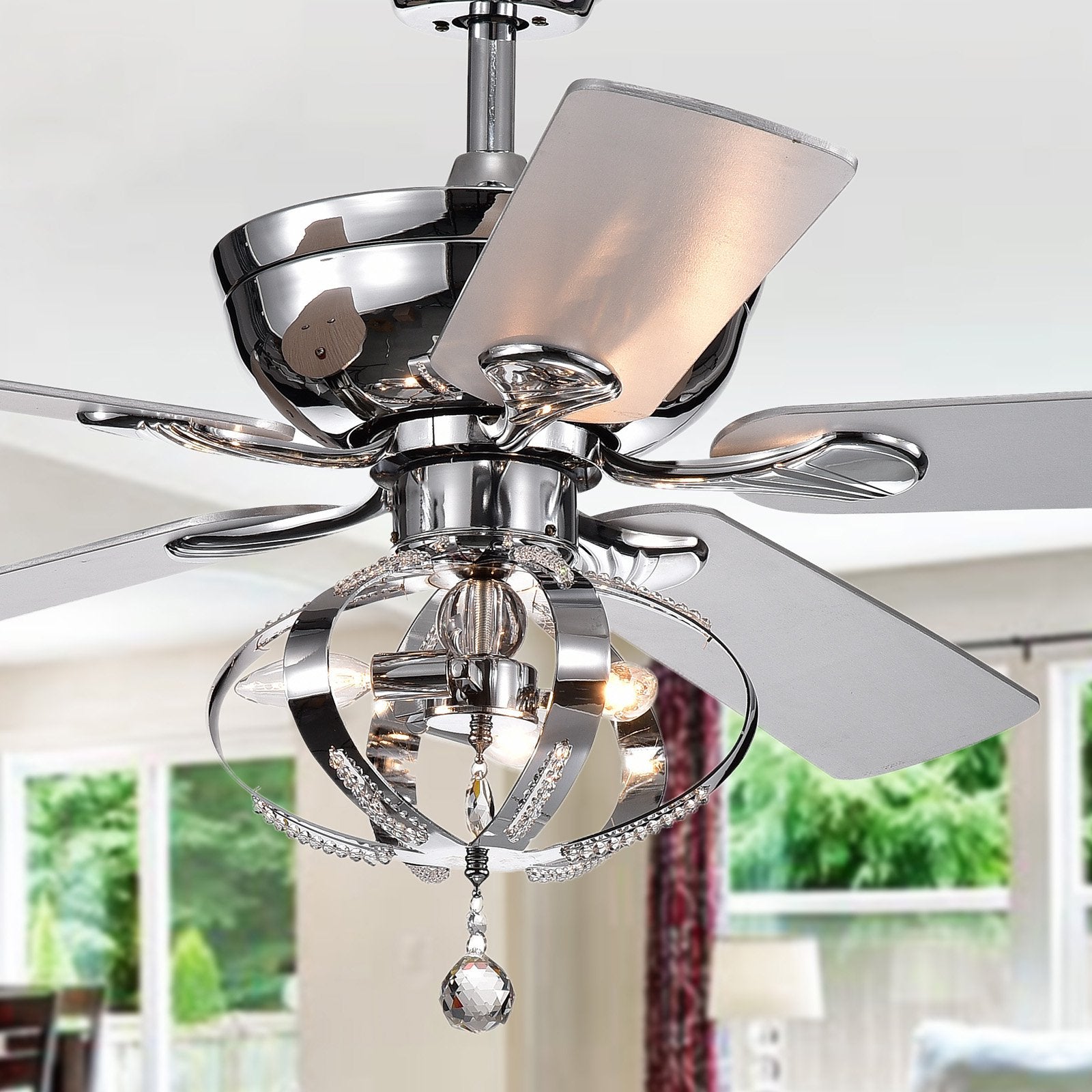 Tatiana 5-blade 52-inch Chrome Ceiling Fan with 3-Light Royal Chandelier (Remote Controlled)