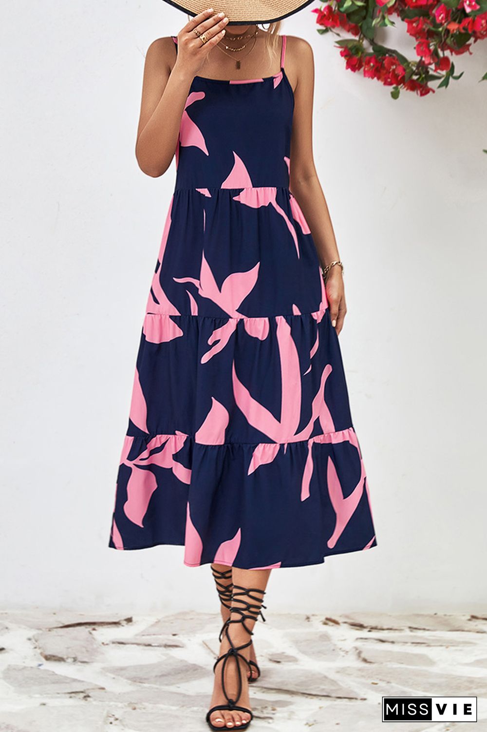 Printed Spaghetti Strap Tiered Maxi Dress