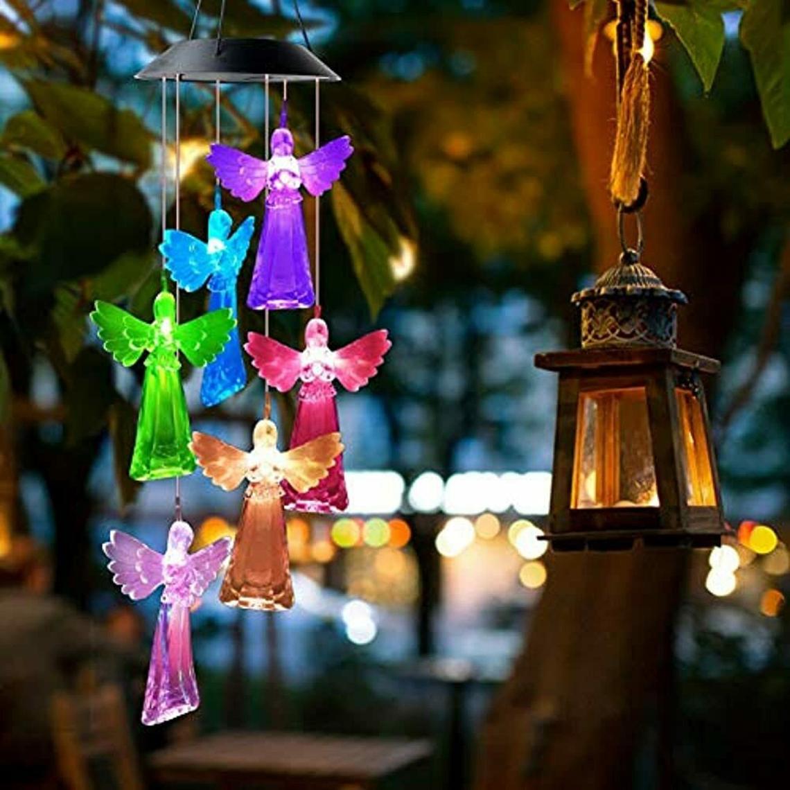 Solar Changing Wind Chime Light， EpicGadget Solar Powered Color-Changing LED Angel Hanging Lamp Windchime Light for Outdoor Indoor Gardening Yard Pathway Patio Decoration (Blue Wing Angel)