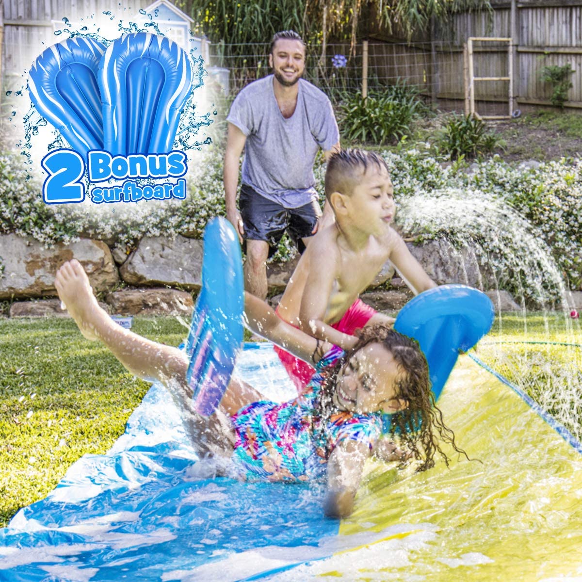 Intera Slip and Slide, 16FT Inflatable Splash Water Slides with 2 Racing Lanes & Body Boards for Kids Boys Girls, Outdoor Summer Water Toys for Backyard Garden Lawn