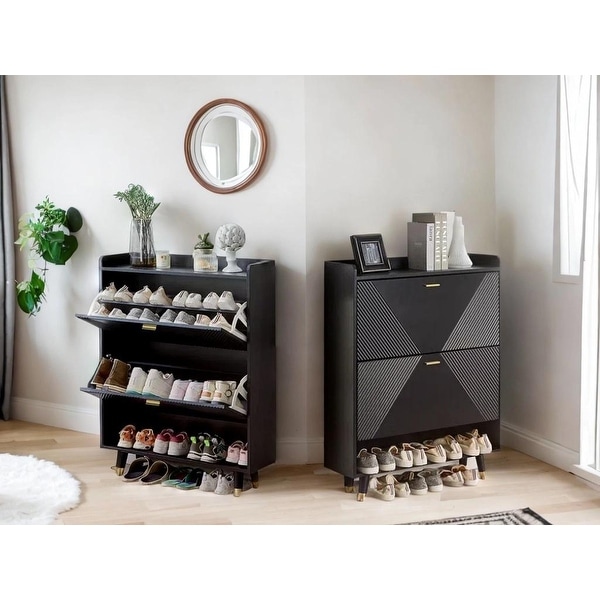 Shoe Storage Cabinet， Free Standing Tipping Bucket Shoe Rack Organizer with 2 Flip Drawers for Entryway，Bedroom，Hallway - - 37874159