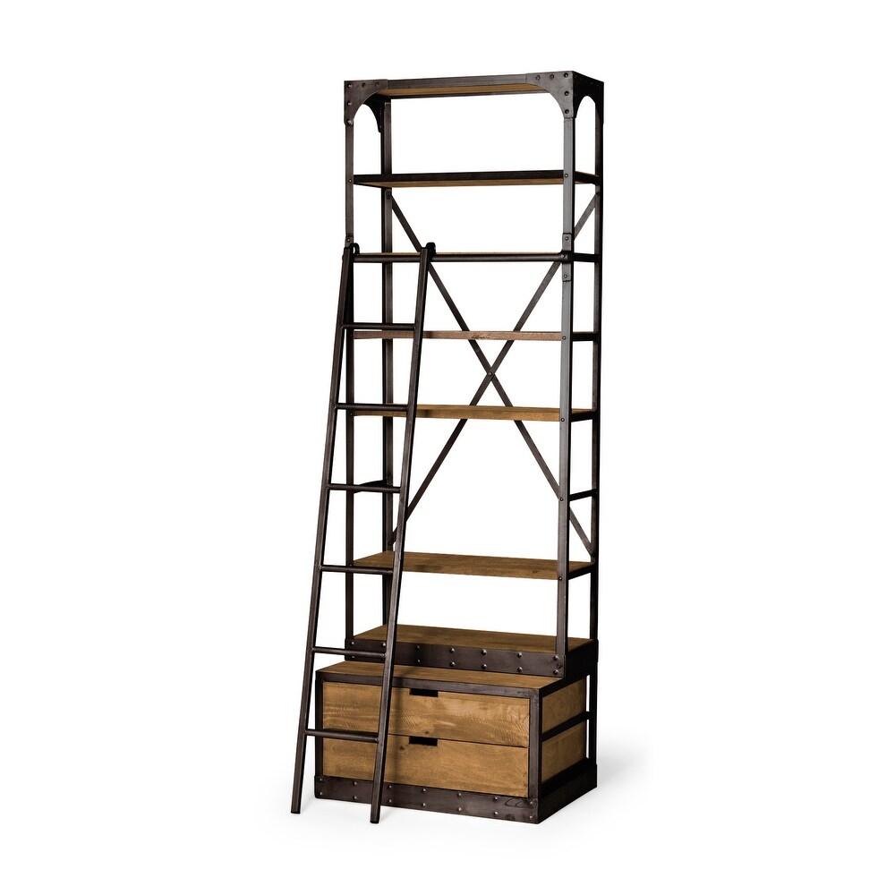 Brodie I Medium Brown Solid Wood w/ Bronze Iron Frame   Ladder Shelving Unit   32.0L x 22.0W x 94.0H