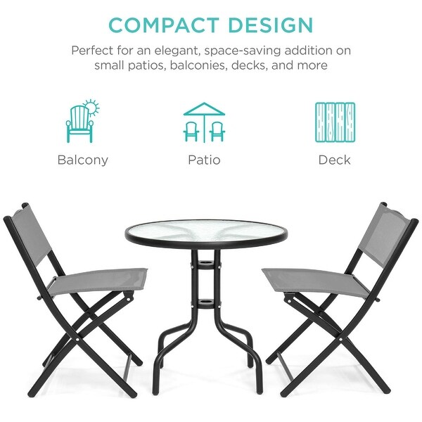 3Piece Patio Bistro Dining Furniture Set w/Textured Glass Tabletop，2 Folding Chairs，Steel Frame，Polyester Fabric