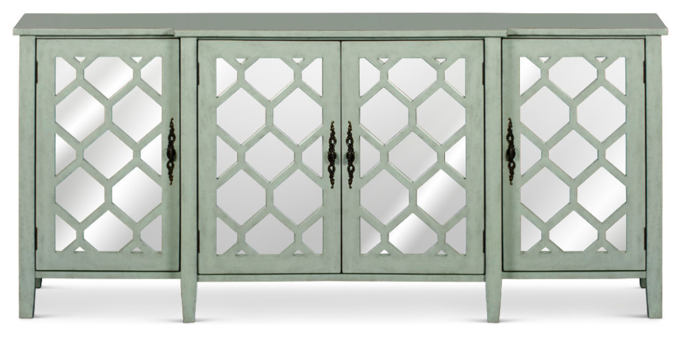 Zen Sage Sideboard with Lattice Fretwork Mirror Doors   Transitional   Console Tables   by China Furniture and Arts  Houzz