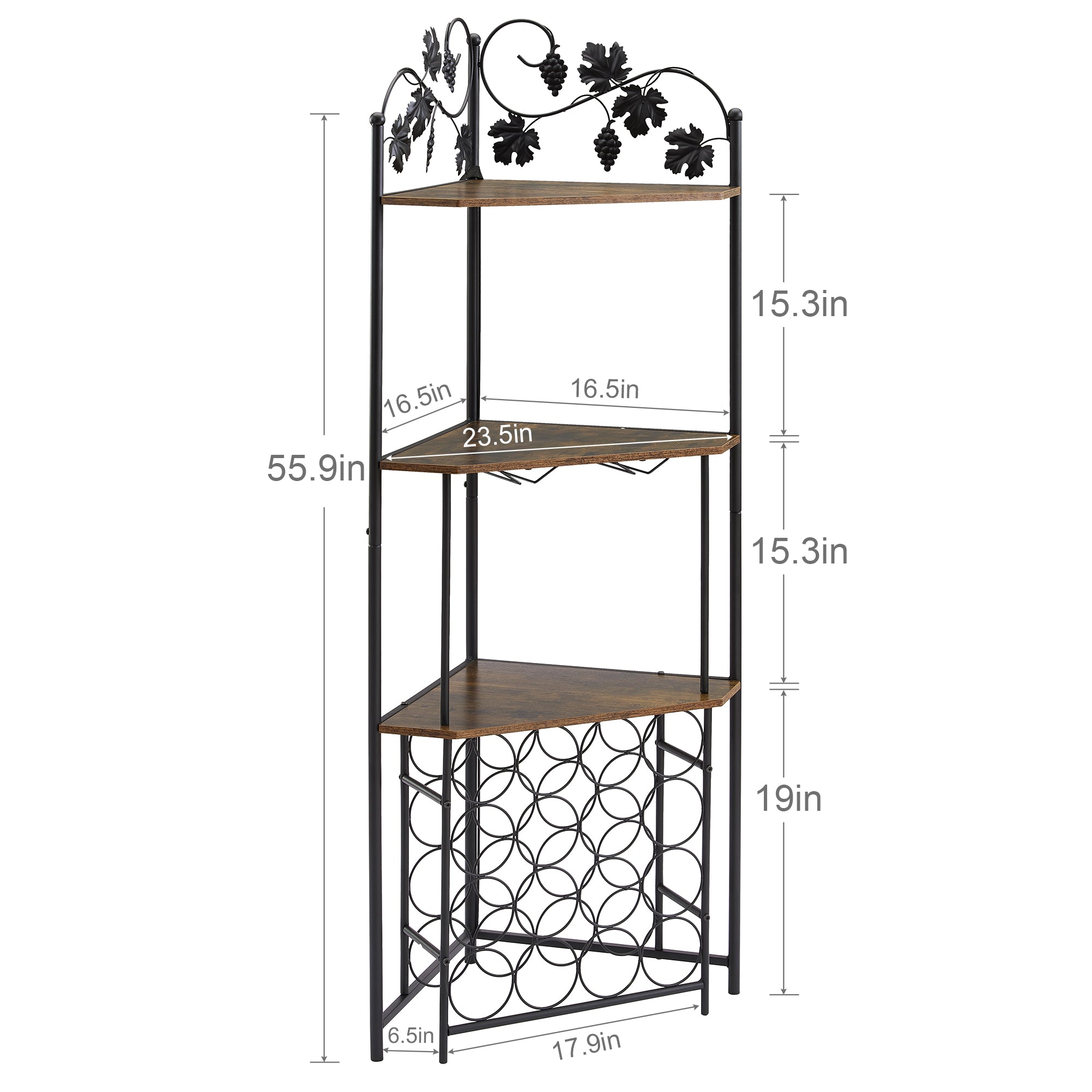 VECELO Corner Wine Rack Freestanding Floor 16 Bottles Wine Rack with 6 Glass Holder， Wooden Bar Cabinet Storage Display Shelf for Home Kitchen Dining Room， Brown