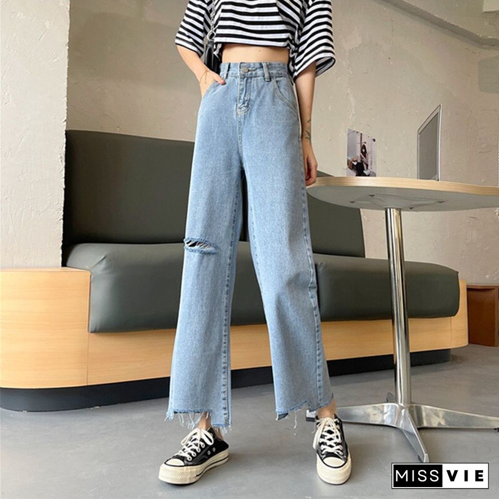 Woman Jeans Ripped High Waist Clothes Wide Leg Denim Clothing Streetwear Vintage Quality Fashion Harajuku Straight Pants