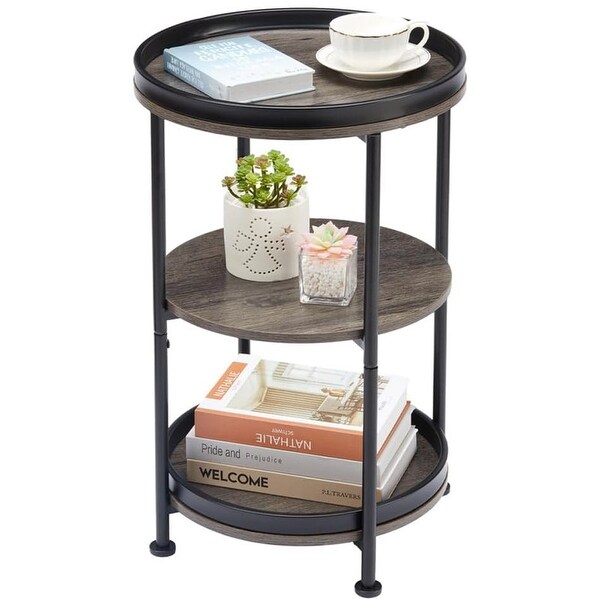 Round Industrial Sofa Table with 3 Storage Shelves，Grey