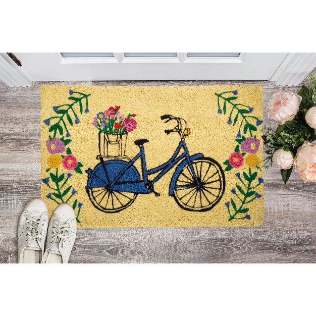 Blue Bicycle Bright Flowers Rectangle Indoor And Outdoor Coir Door Welcome Mat Multicolored On Beige Background