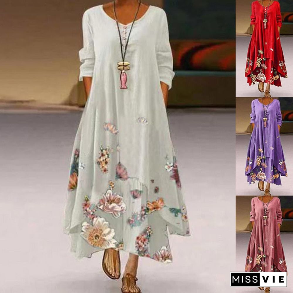 Women Summer Floral Printed Dress Spring Autumn Casual Loose Irregular V-Neck Long Sleeve Dress Elegant Party Big Hem Maxi Dress