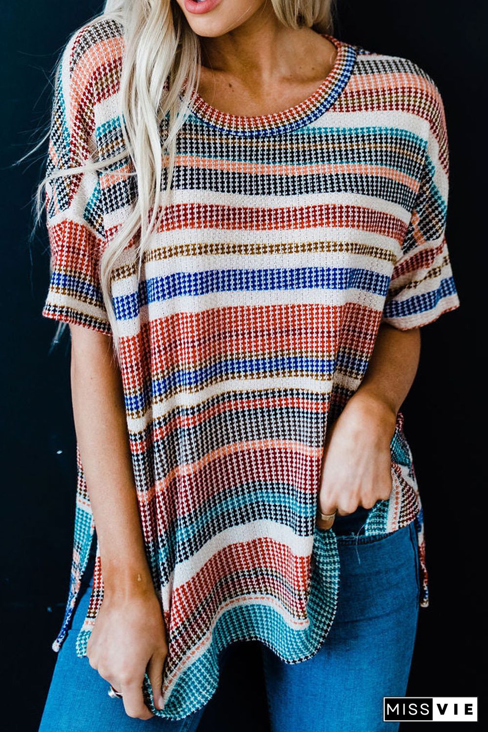 Multicolor Striped Loose T-shirt with Slits