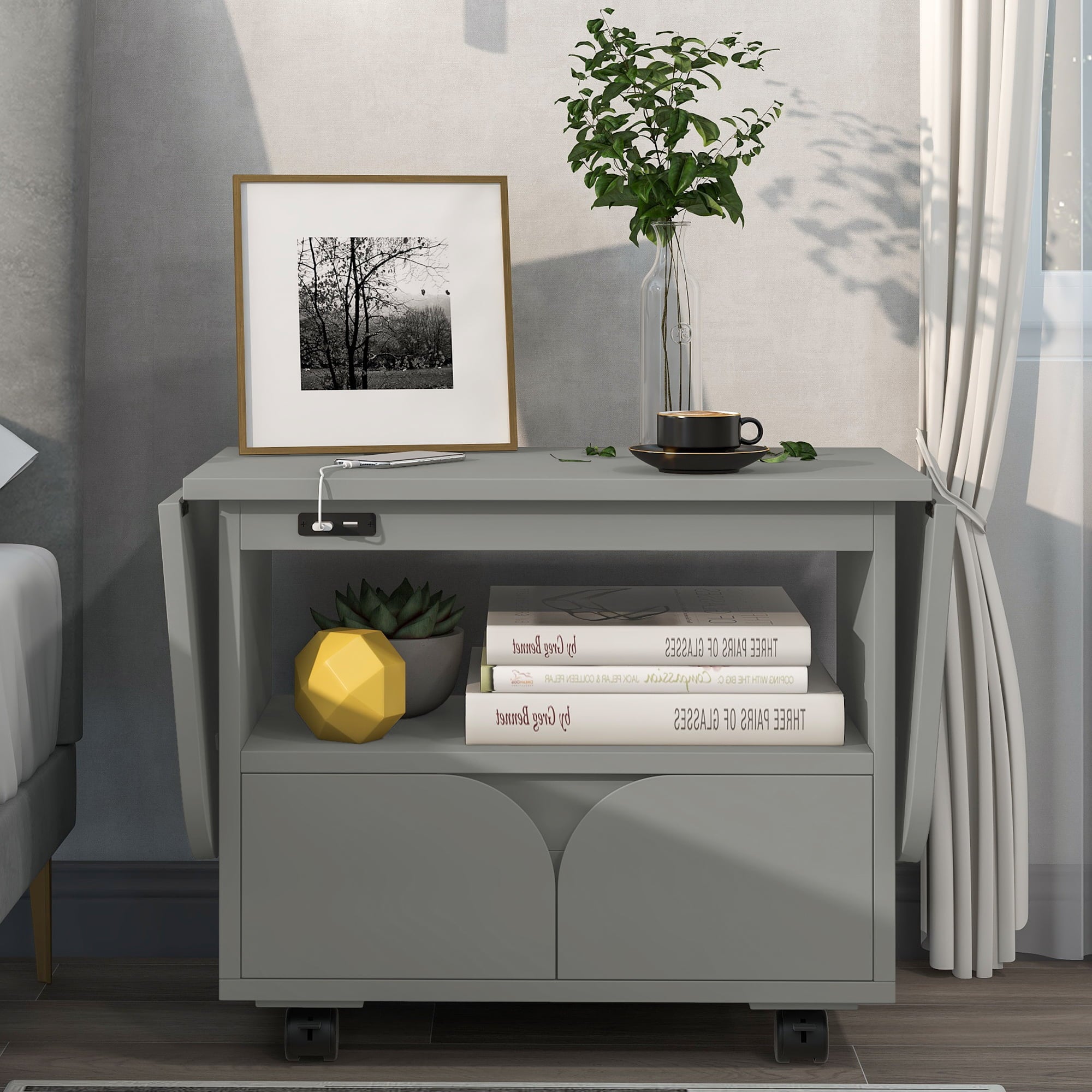 Suzicca Foldable Bedroom Nightstand with 2 Drawers,USB Charging Design,Gray