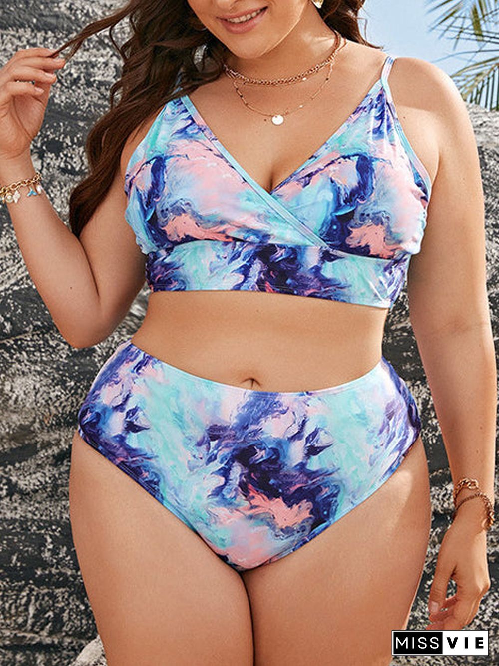 Plus Size Tie Dye High Waist Sexy Smudge Print Push Up Sling Bikini Set