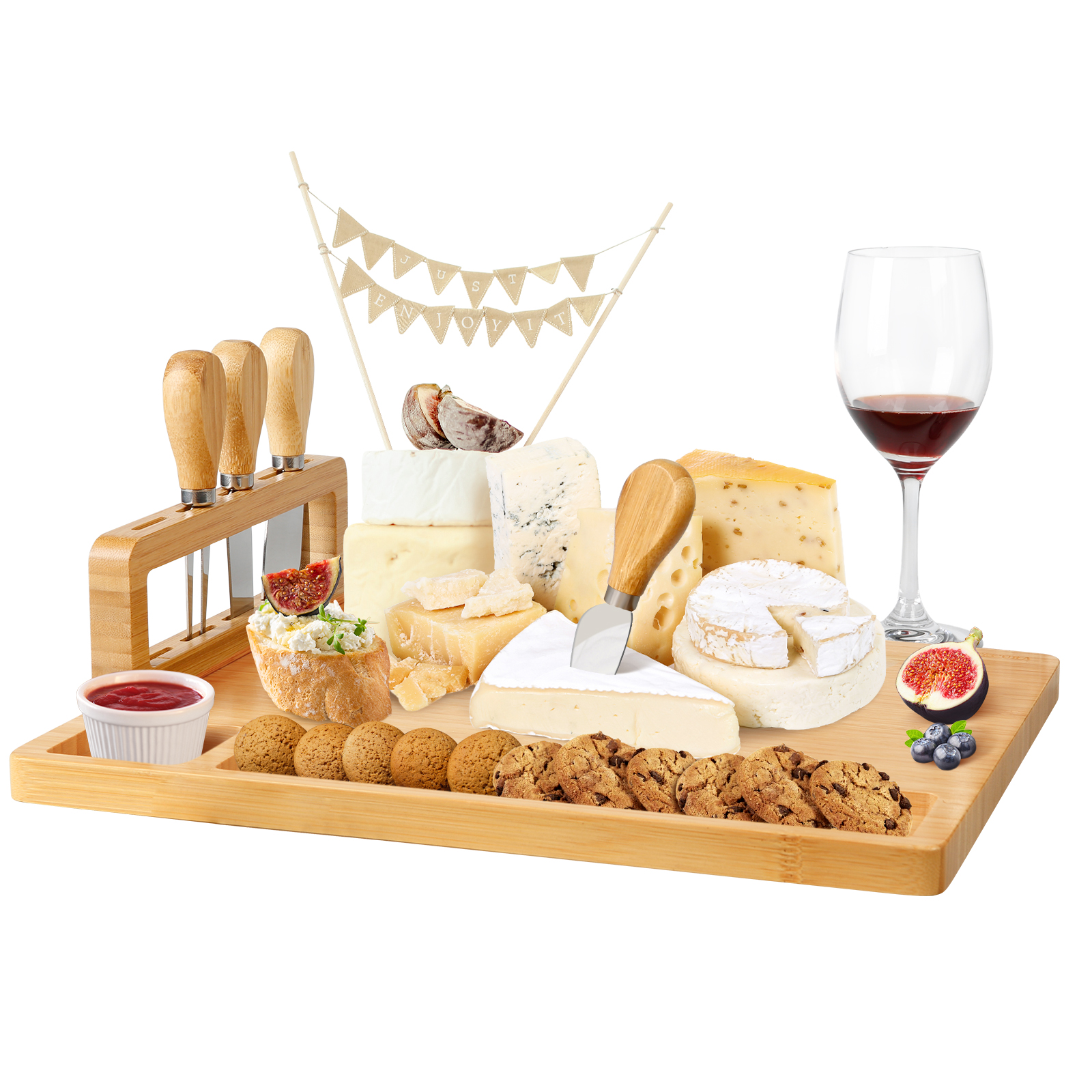 Secura Bamboo Cheese Board， Charcuterie Boards Set Cheese Platters Wood Serving Board and Knife Set with Knife Stand for Wine Wedding Housewarming Gifts