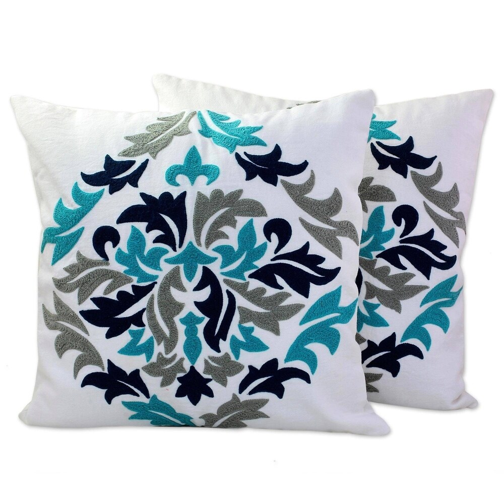 NOVICA Handmade Fresh Leaves Cotton / Acrylic Thread Cushion Cover Pair (India)