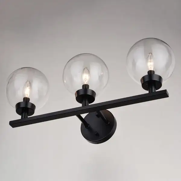 Lander Matte Black Bathroom Vanity Wall Fixture with Clear Glass Globes