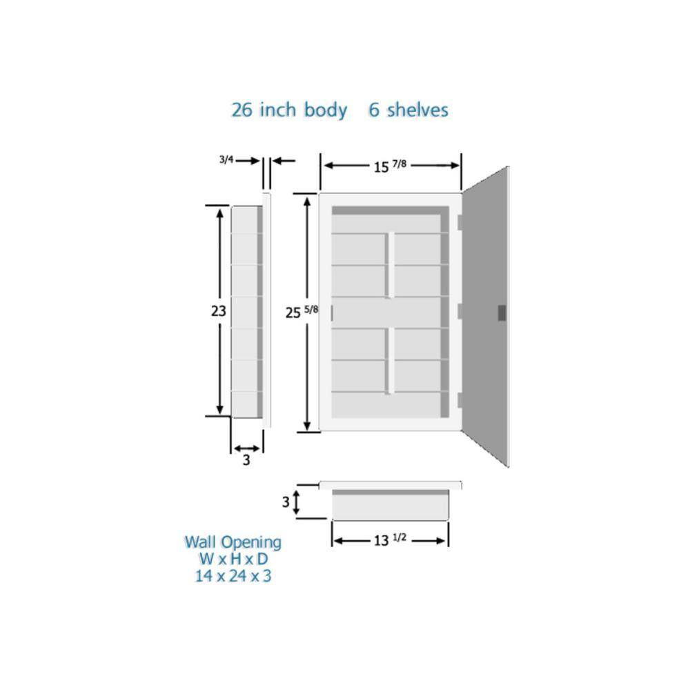 ZACA SPACECAB Media 16 in. x 26 in. x 3-12 in. Frameless Recessed 1-Door Medicine Cabinet with 6-Shelves and Polished Edge Mirror 21-2-26-00