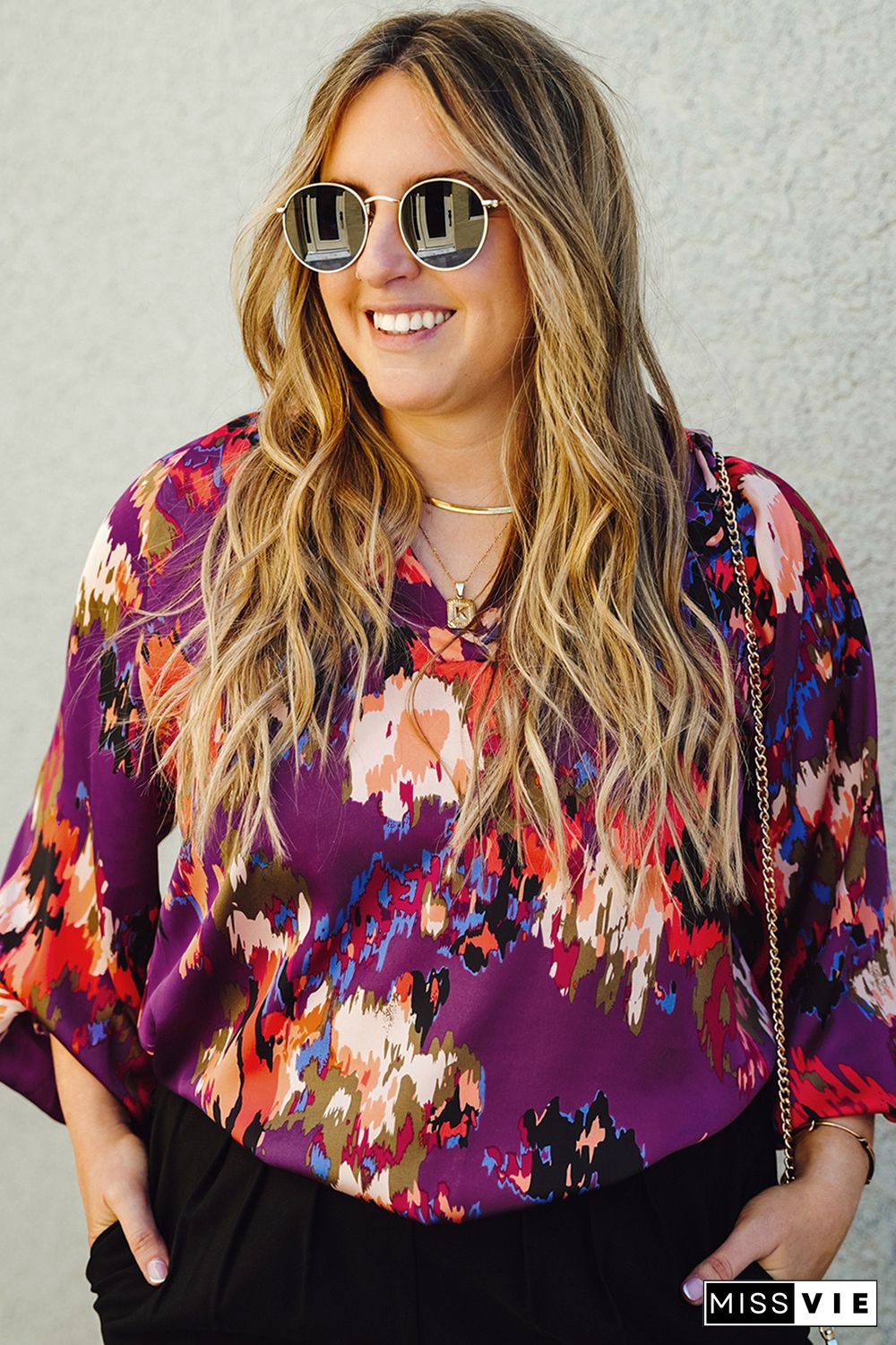 Purple Plus Size Abstract Print V-Neck Long Sleeve Blouse