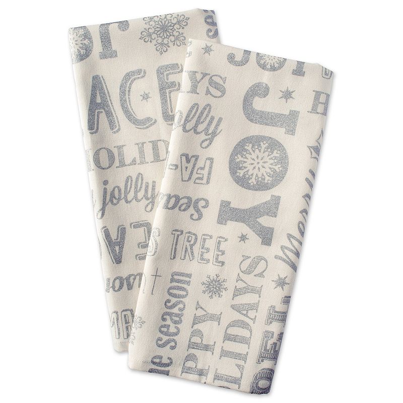 Set of 2 Cream White and Gray JOY Printed Rectangular Dishtowels 28