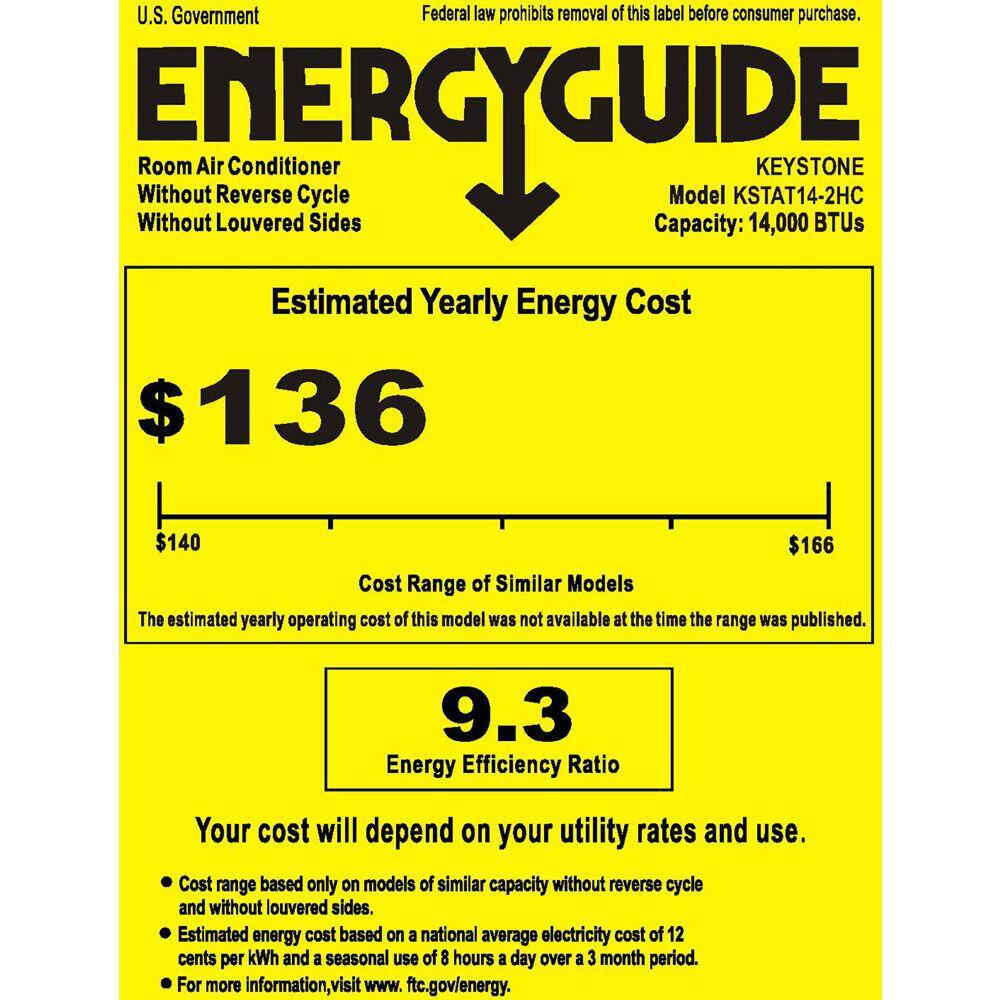 Keystone 14000 BTU 230V Through-The-Wall AC 10600 BTU Supplemental Heat Remote Sleep Mode 24H Timer for Rooms up to 700 Sq. Ft KSTAT14-2HC