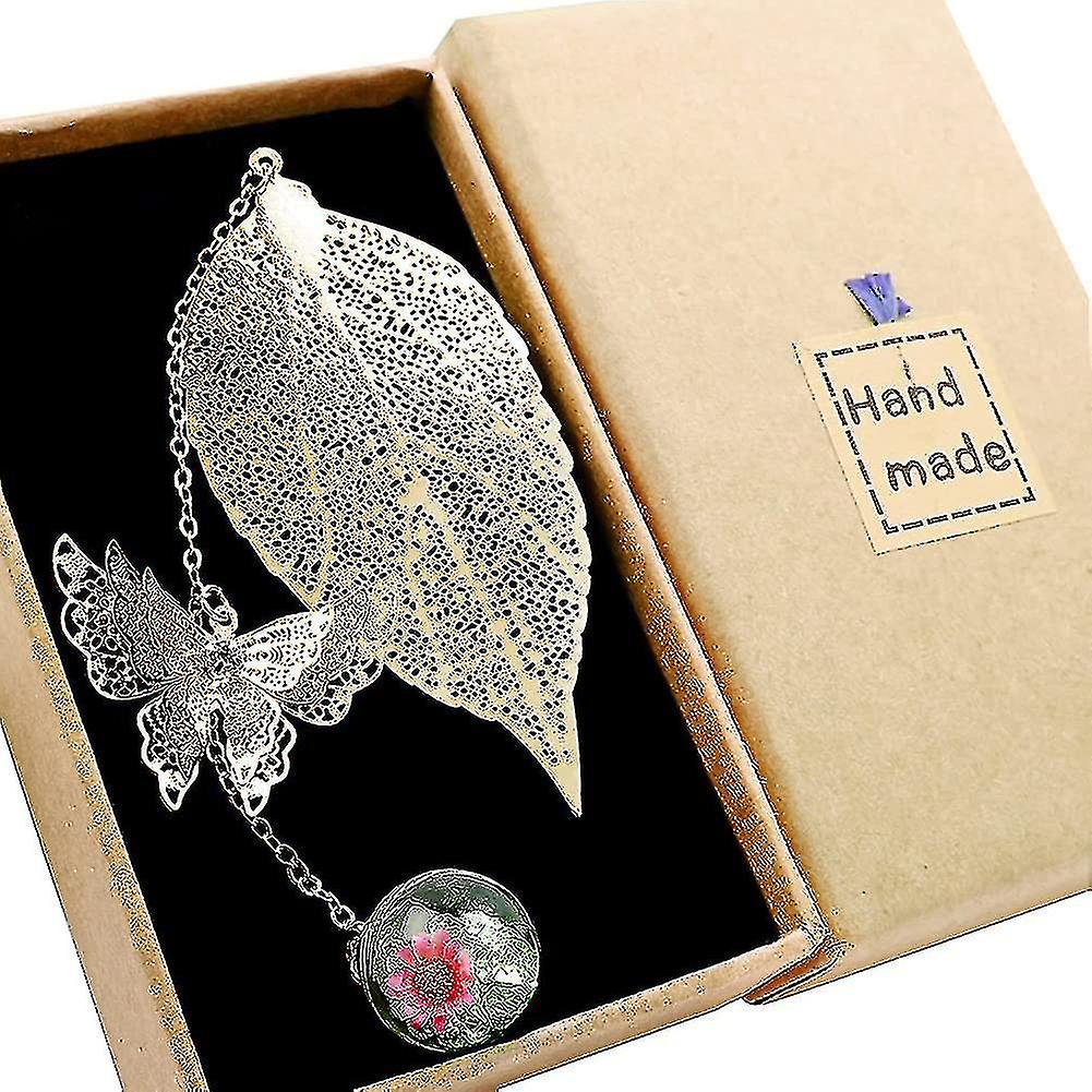 Exquisite Metal Leaf Bookmark. With 3d Butterfly And Glass Beads Eternal Dry