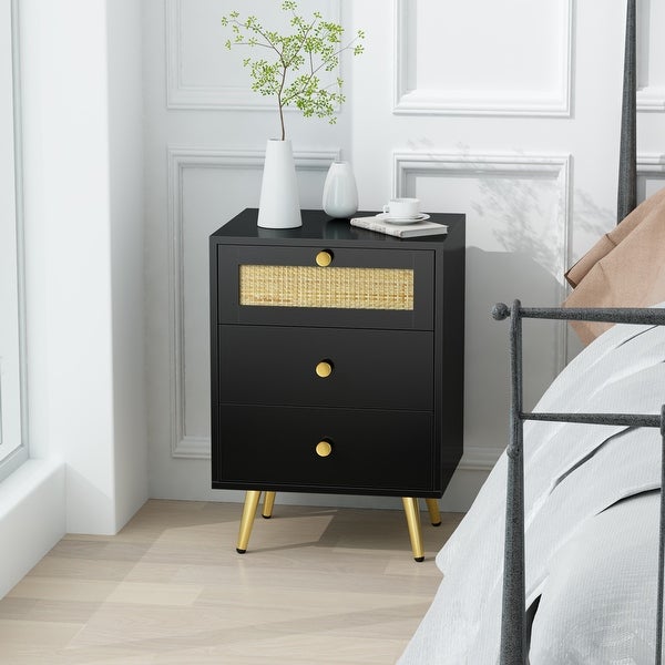 Anmytek 3-Drawer Wooden Black Side Table Mid Century Rattan Nightstand Side Table End Table