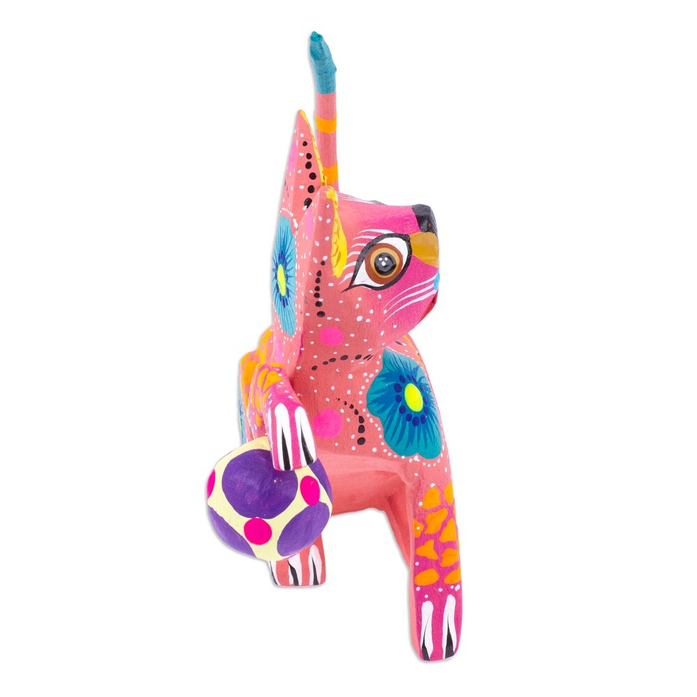 Novica Handmade Cute Cat With Ball Wood Alebrije Figurine