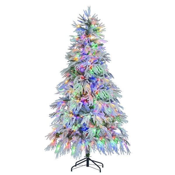 Roomfitters 6 ft PreLit Spruce Snow Flocked Christmas Tree，Hinged Artificial Tree with 300 MultiColor LED Lights