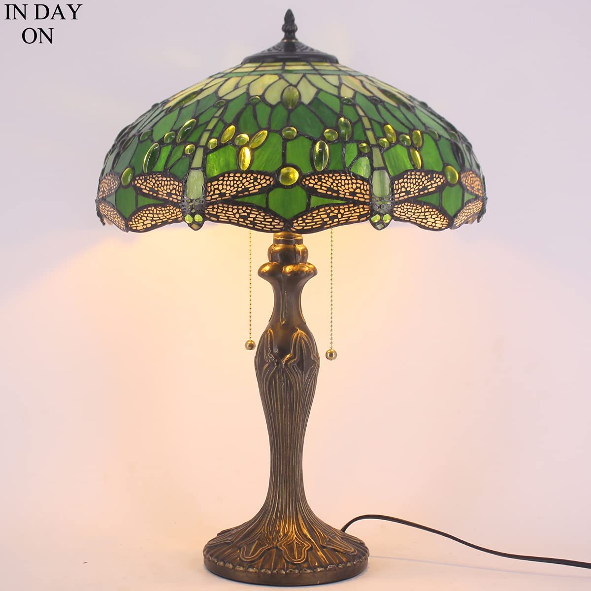 Tiffany Style Table Lamp Green Stained Glass Dragonfly Bedside Lamp 16X16X24 Inch Desk Reading Light Metal Base Decor Bedroom Living Room Home Office S459 Series