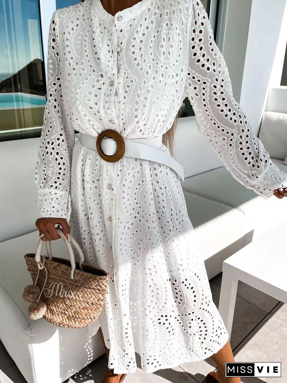 Casual Lace Round Neck Belt Long Dress Women White Dresses