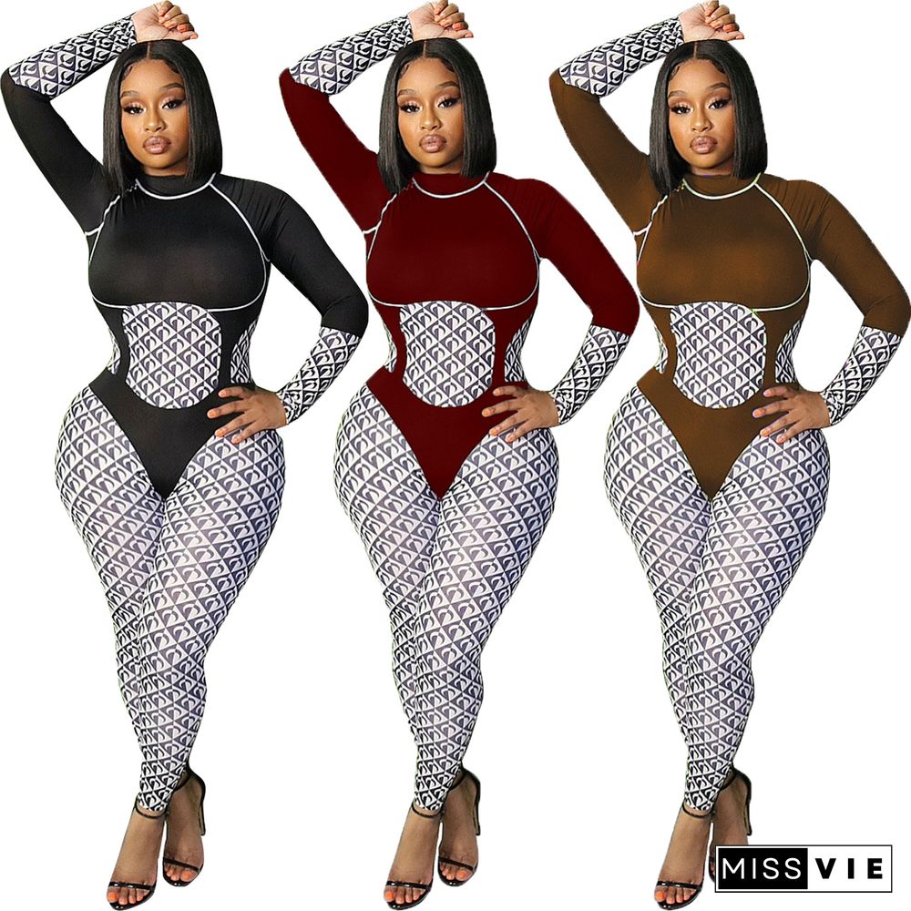 Patchwork Print O Neck Long Sleeve Bodycon Jumpsuit