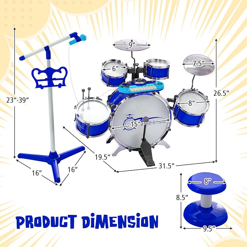 Kids Jazz Drum Keyboard Set with Stool and Microphone Stand