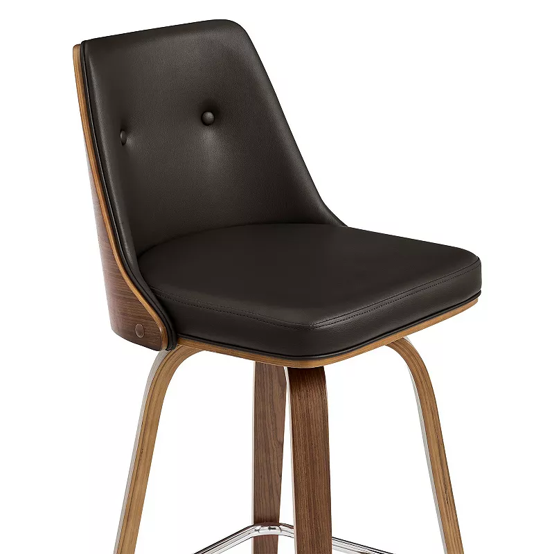 Swivel Bar Stool with Button Tufted Curved Back， Dark Brown