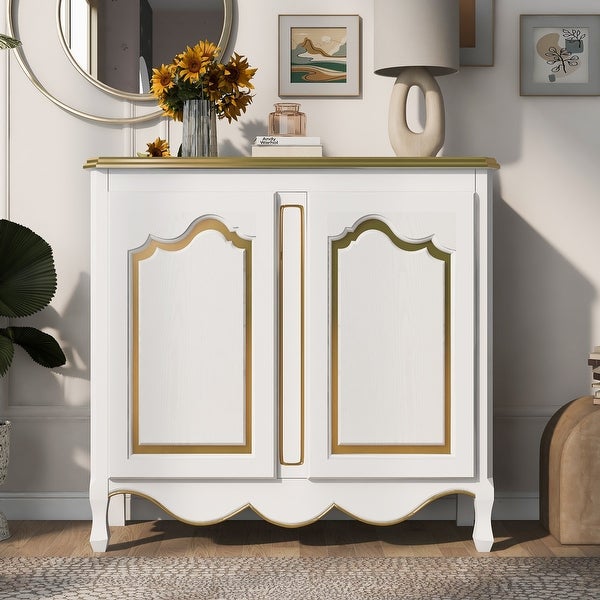 Accent Storage Cabinet with 2 Doors，Pure Hand Drawn，Solid Wood Legs