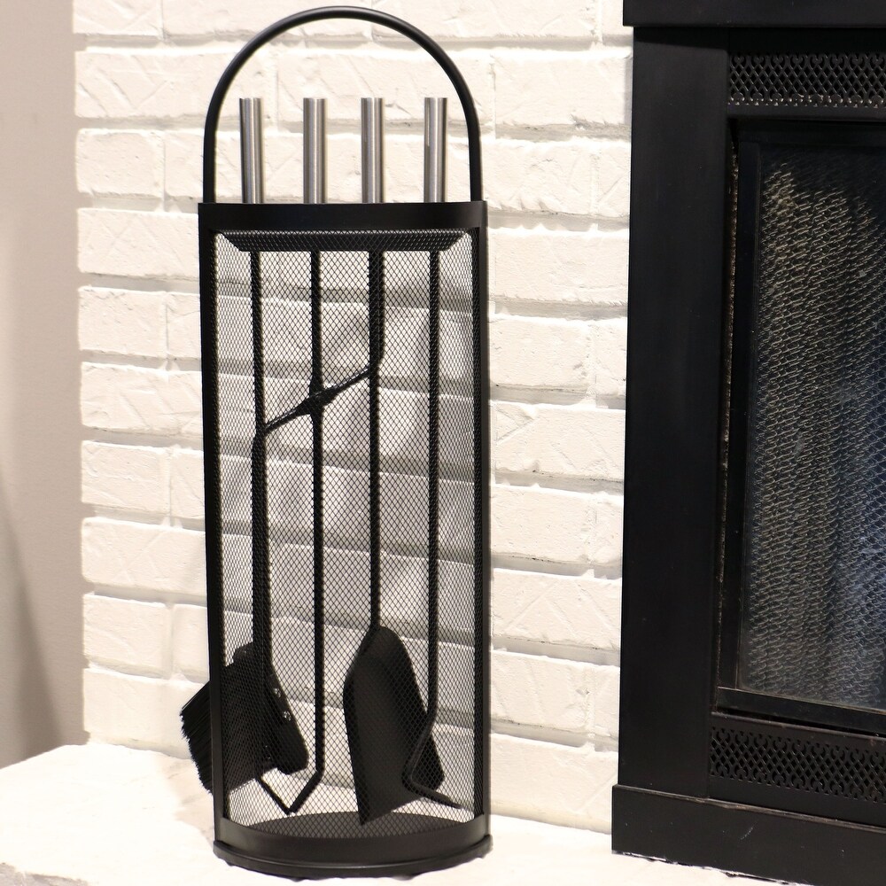 Sunnydaze 4 Piece Fireplace Tool Set with Mesh Shroud Holder