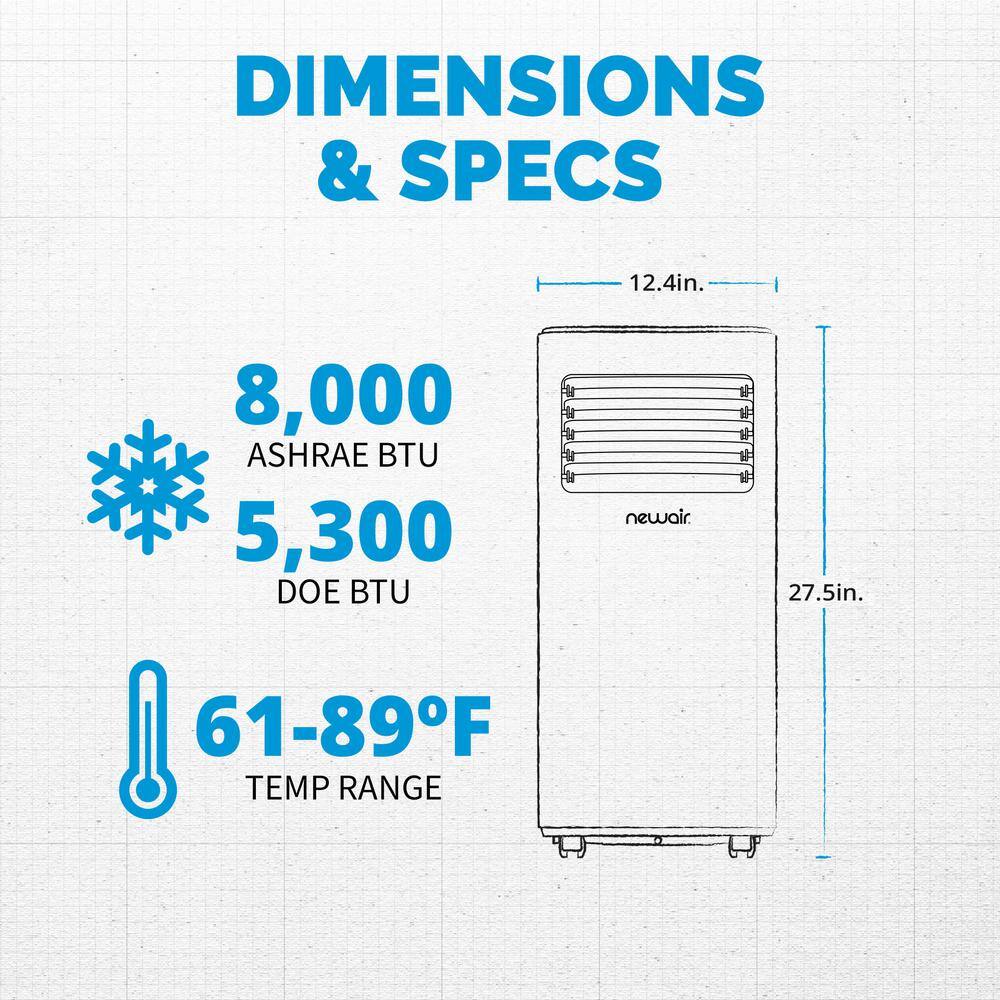 NewAir 8000 BTU (5300 BTU DOE) Quiet Compact Portable Air Conditioner AC and Dehumidifier in White with Remote and Window Kit NAC08KWH01