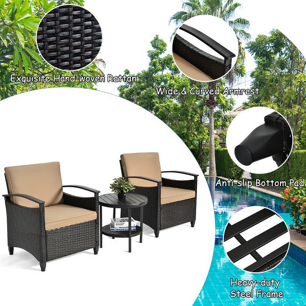 Costway 3pcs Patio Rattan Furniture Set Cushioned Sofa Storage Table W Shelf Garden