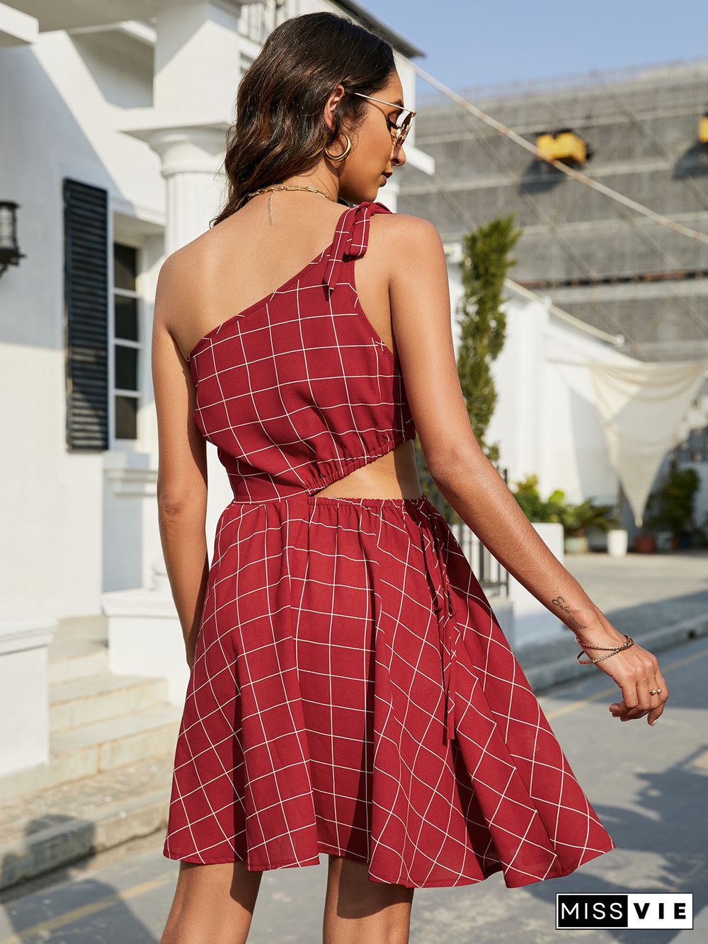 Plaid Shoulder Strap Openwork Elastic Waist Dress