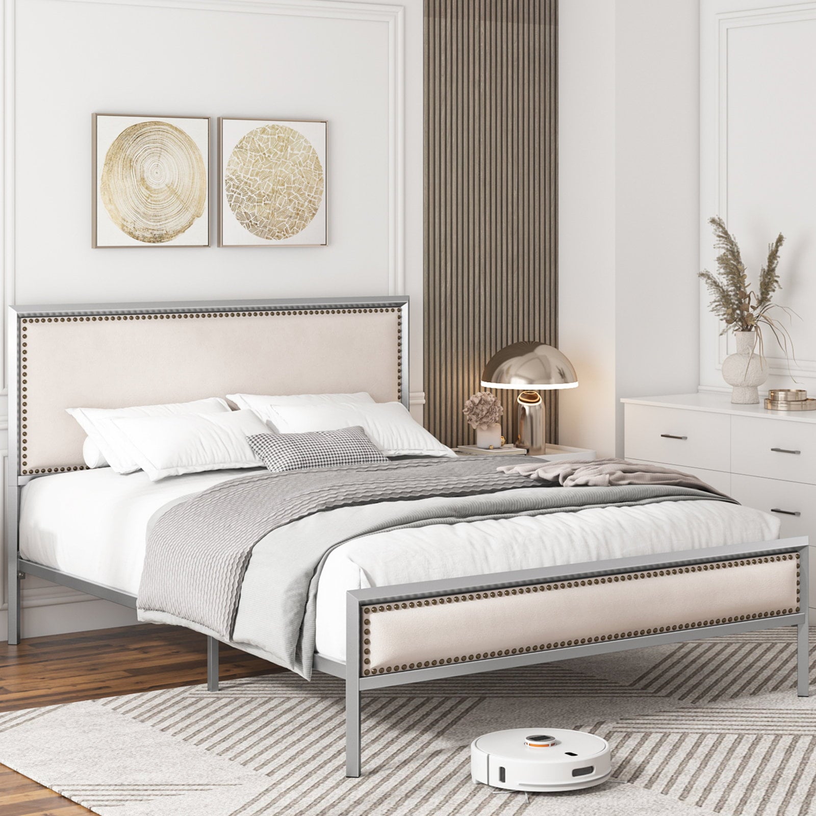 Homfa Queen Size Bed Frame, Modern Metal Framed Bed with Button Linen Tufted Upholstered Headboard, Wooden Slat Support, Sliver