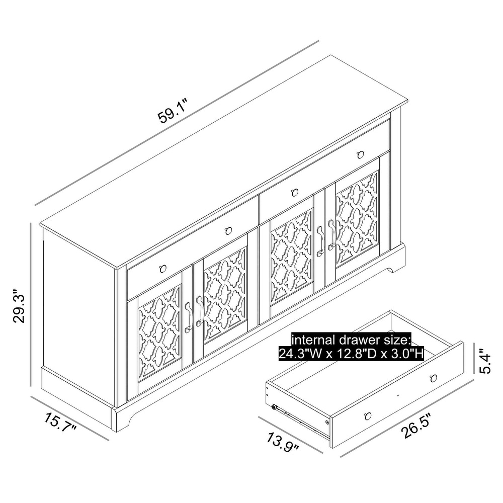 Heron Wood 59.1in. 4 Door Wide Sideboard with Adjustable Shelves and Drawers   59.1\