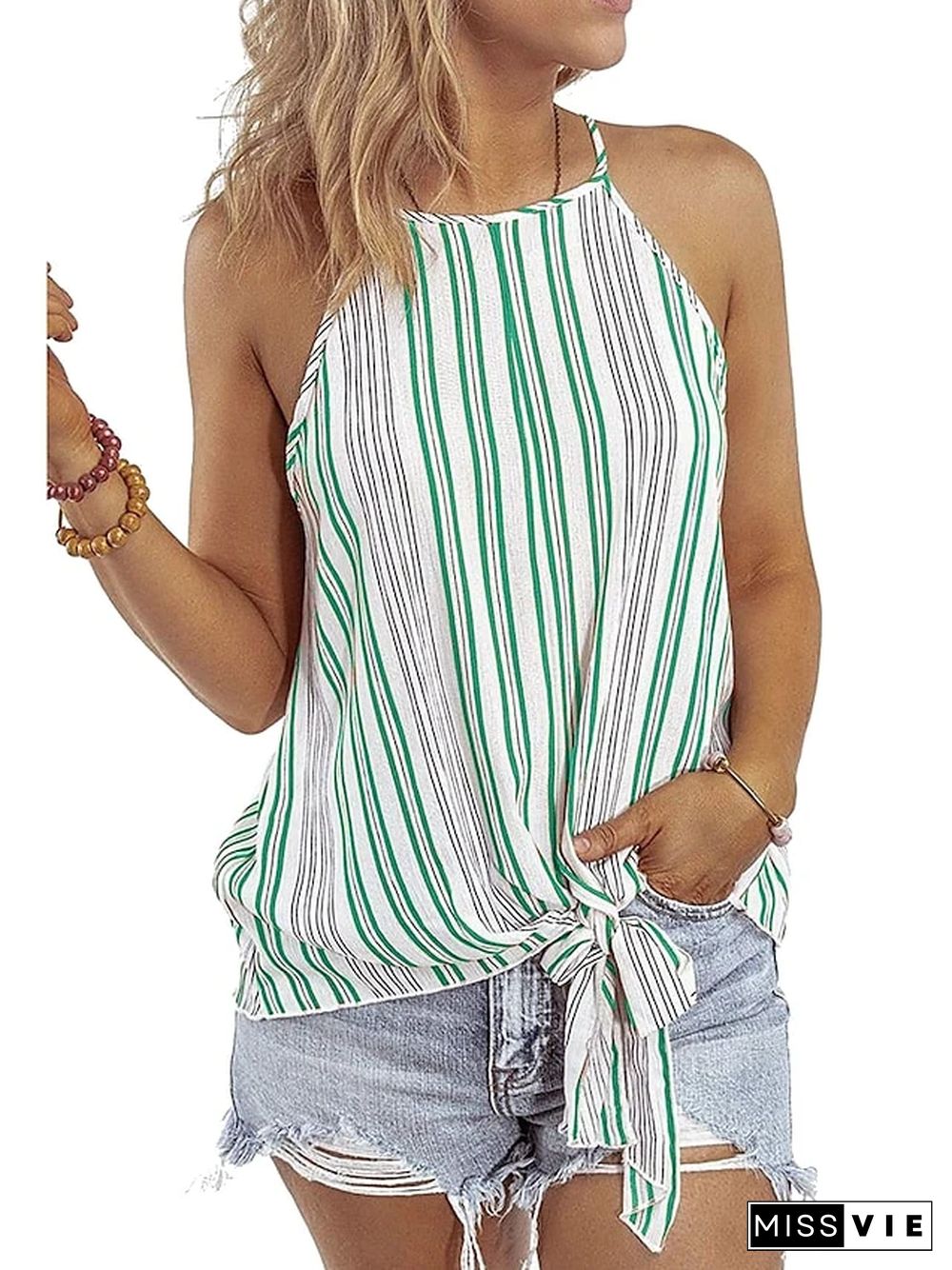 Women's Camisole Blouse Striped Knotted Halter Neck Tops Sexy Basic Top Black Yellow Green