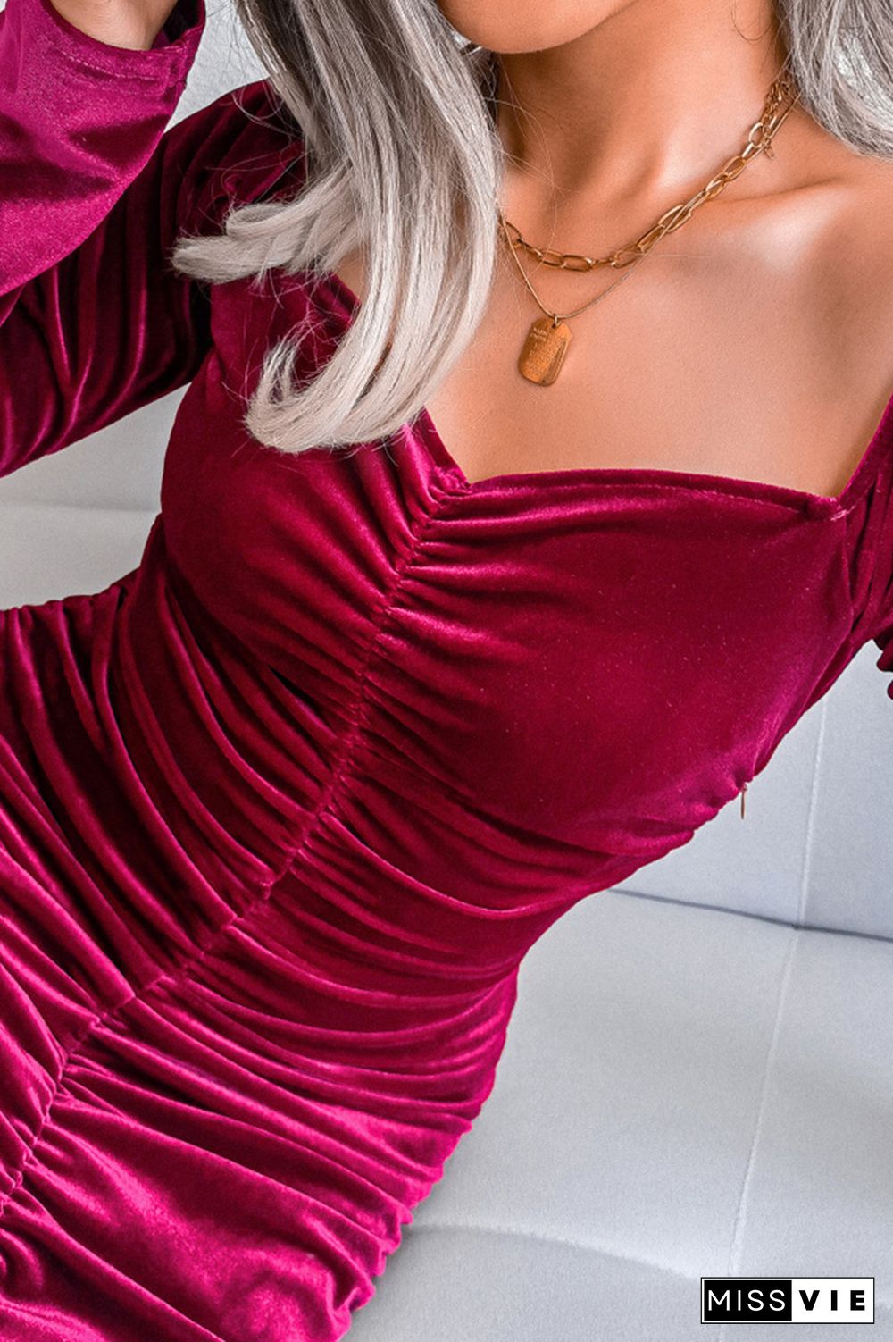 Open Bust Ruched Velvet Bodycon Dress