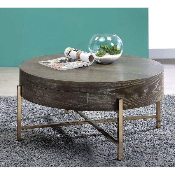 Contemporary Rotundity Coffee Table with Dark Oak finish， Wood Sofa Table with Open Base Metal 