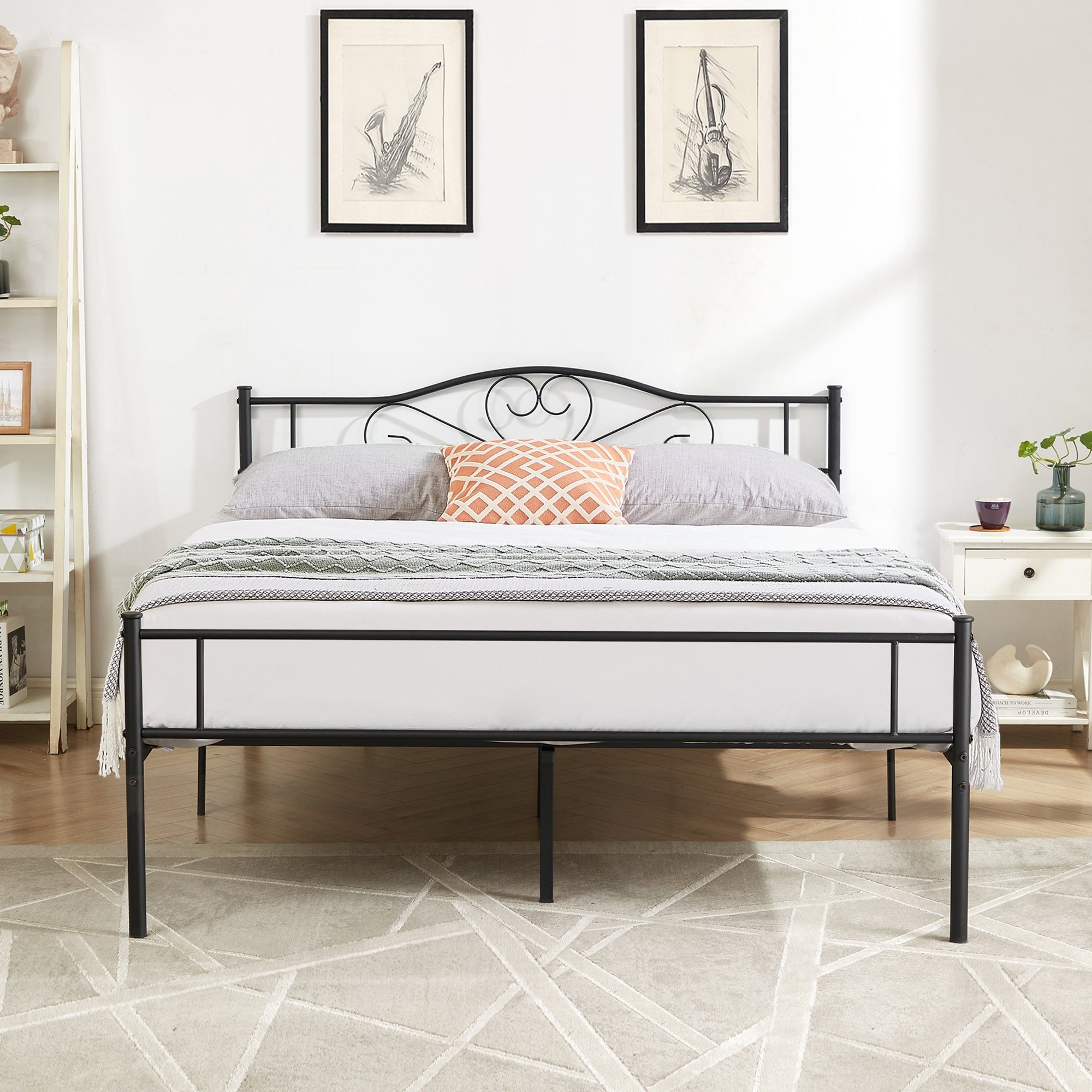 VECELO Classic Metal Platform Bed Frame with Headboard, No Box Spring Needed, Queen, Black