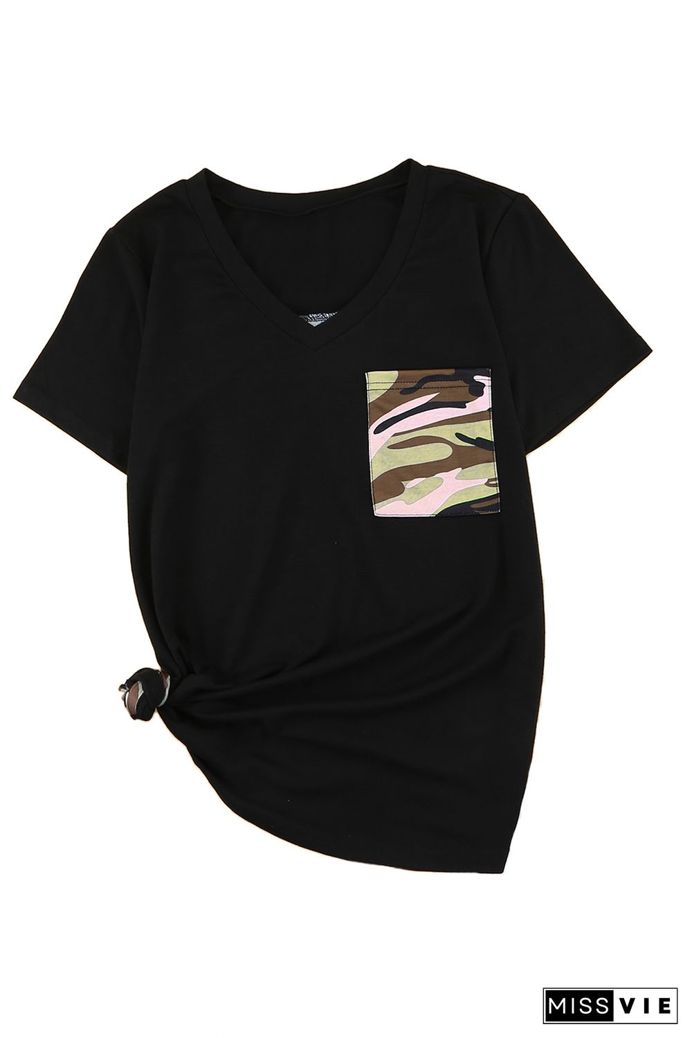 Black Women's Casual Camo Printed Splicing Pullover Pocket T-shirt