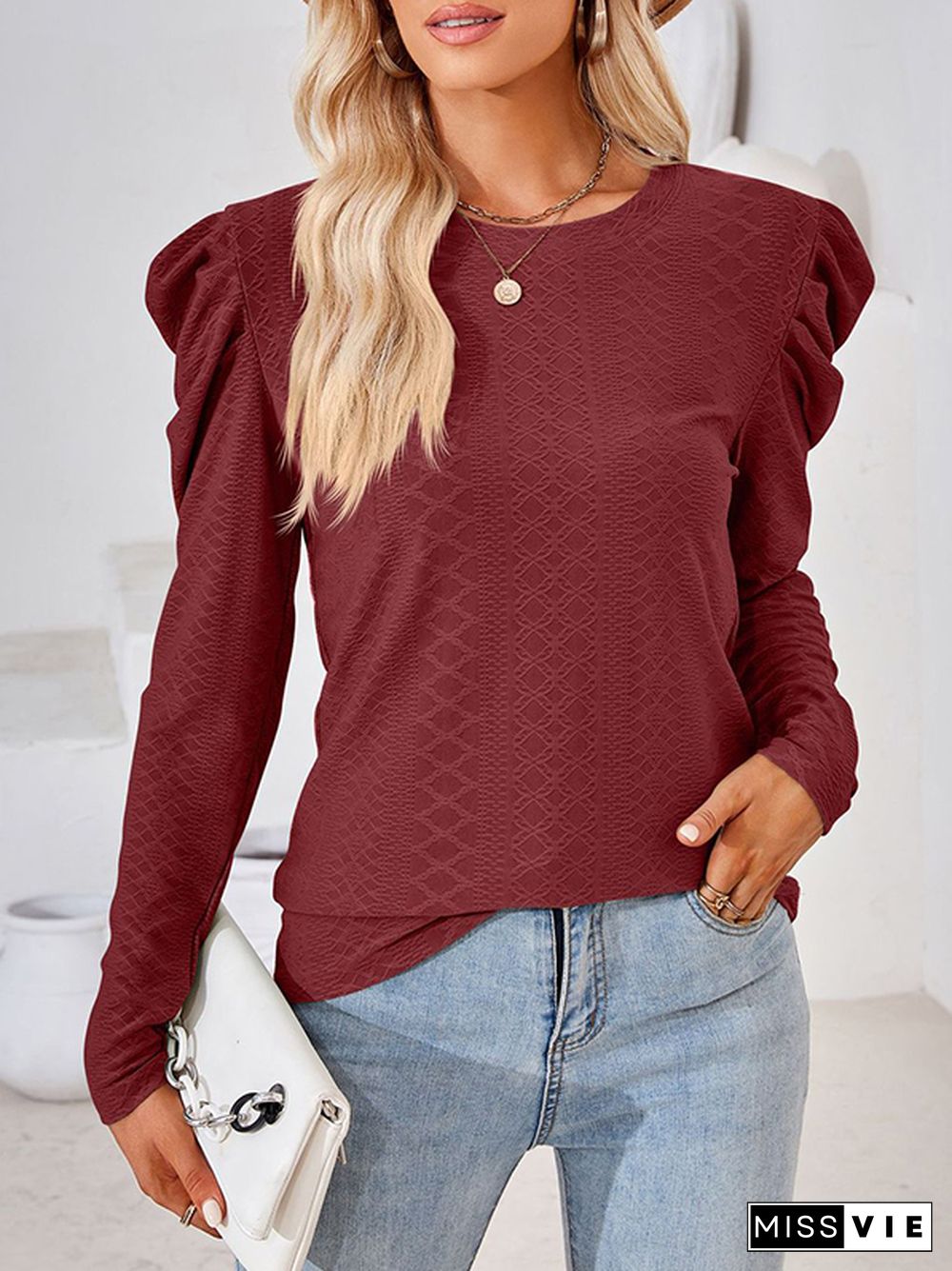 Long Sleeves Loose Pleated Solid Color Round-Neck T-Shirts Tops