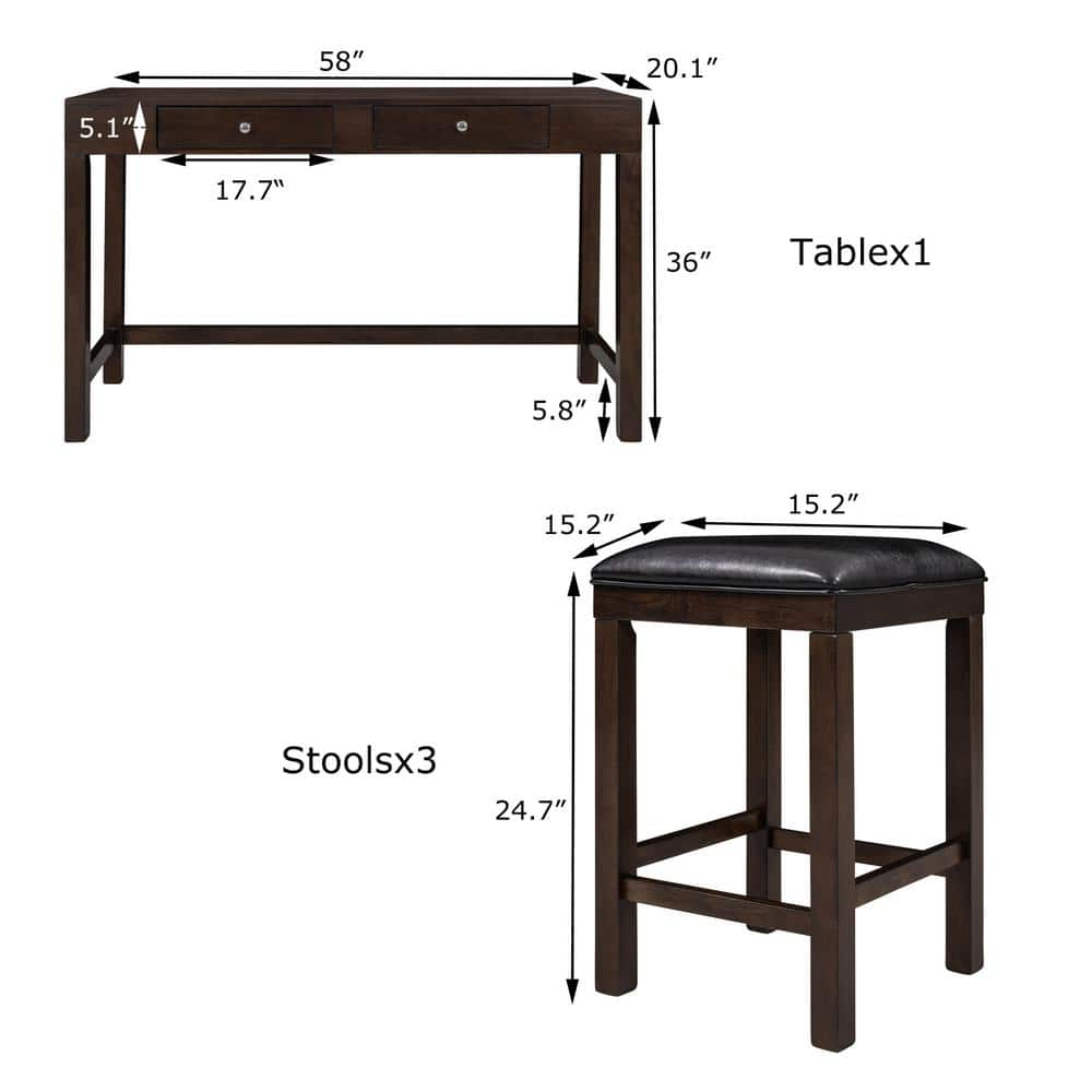 JASMODER Built-In Power Sockets 4 Pieces Bar Dining Table Set with Fabric Padded Stools SH000132AAP