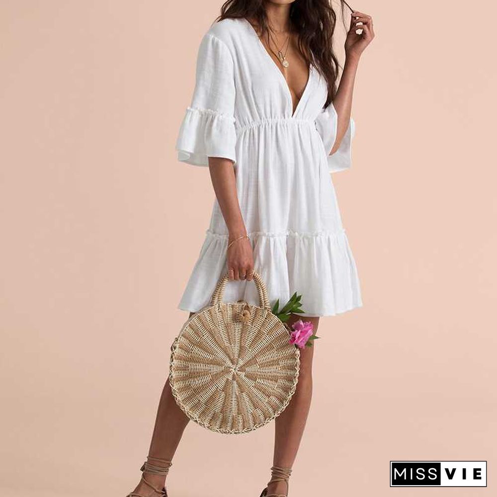 White Midi Sleeve Deep V Back Frill Mini Dress