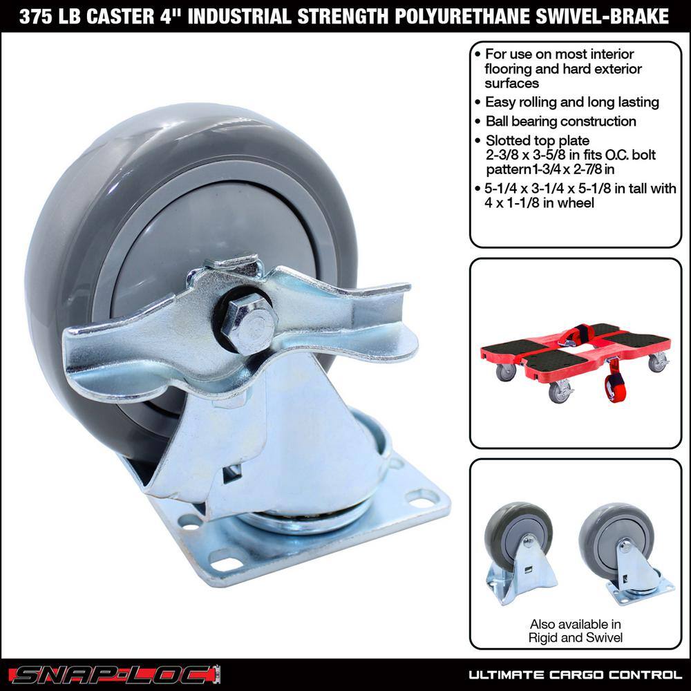 SNAP-LOC 4 in. Polyurethane Swivel Plate Caster With Brake with 375 lbs. Load Rating SLAC4SBP